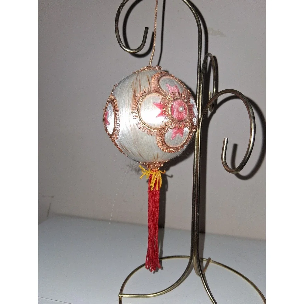 Vintage Asian Silk Thread Ball Christmas Ornament Red Tassel Gold Trim Pearl 6.5